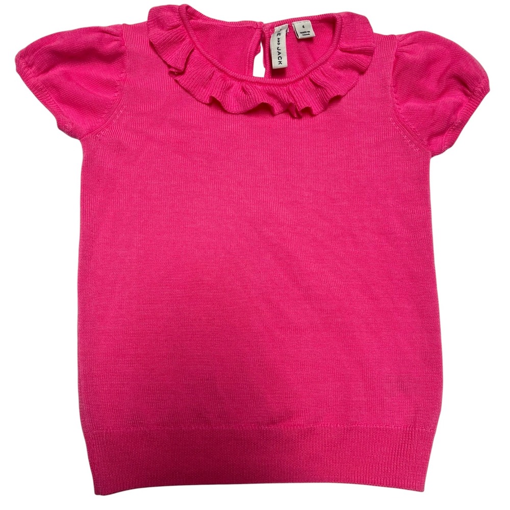 Janie and Jack Girls Hot Pink Ruffle Collar Short Sleeve Knit Top Size 4